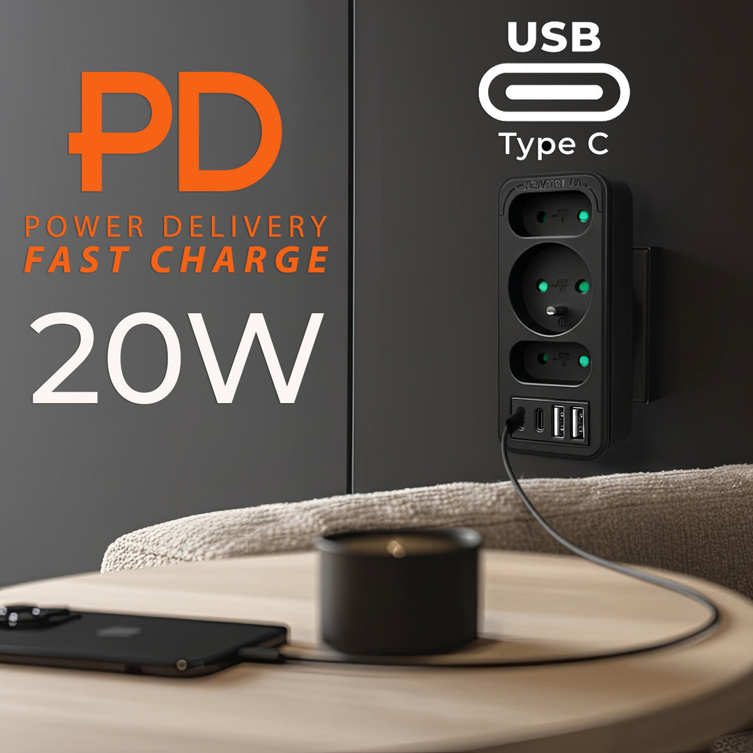 Áramkimenet x3 + 4xUSB Maclean, 3-aljzatos elosztó, 2xUSB A, 2xUSB C PD 20W, 1x16A + 2x6A, MCE248 F/B, 3 db.