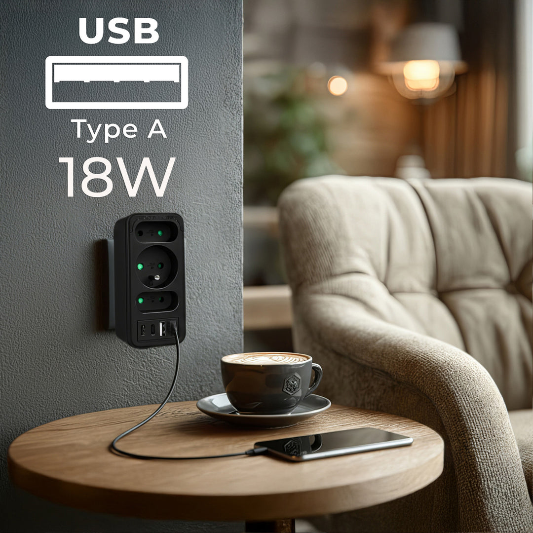 Áramkimenet x3 + 4xUSB Maclean, 3-aljzatos elosztó, 2xUSB A, 2xUSB C PD 20W, 1x16A + 2x6A, MCE248 F/B, 3 db.