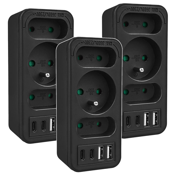 Áramkimenet x3 + 4xUSB Maclean, 3-aljzatos elosztó, 2xUSB A, 2xUSB C PD 20W, 1x16A + 2x6A, MCE248 F/B, 3 db.