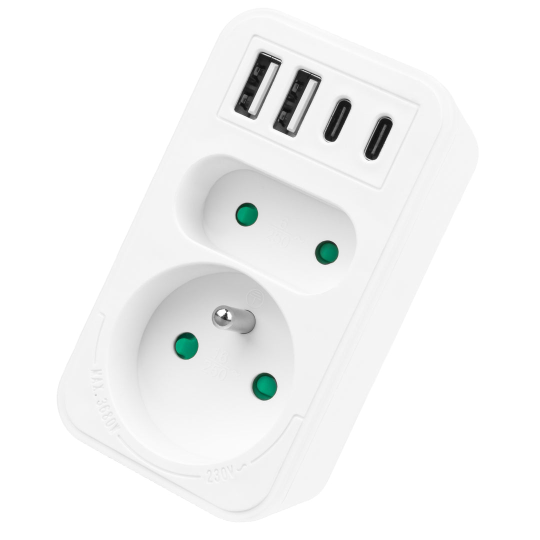 Maclean áram aljzat x2 + 4xUSB, elosztó 2 aljzattal, 2xUSB A, 2xUSB C PD 20W, 1x16A + 1x6A, MCE249 F/W, 2 db.