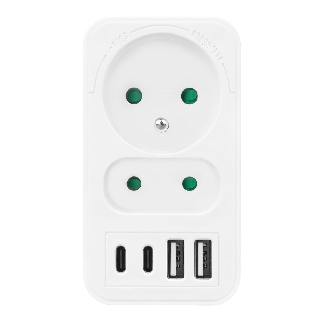Maclean áram aljzat x2 + 4xUSB, elosztó 2 aljzattal, 2xUSB A, 2xUSB C PD 20W, 1x16A + 1x6A, MCE249 F/W, 3 db.