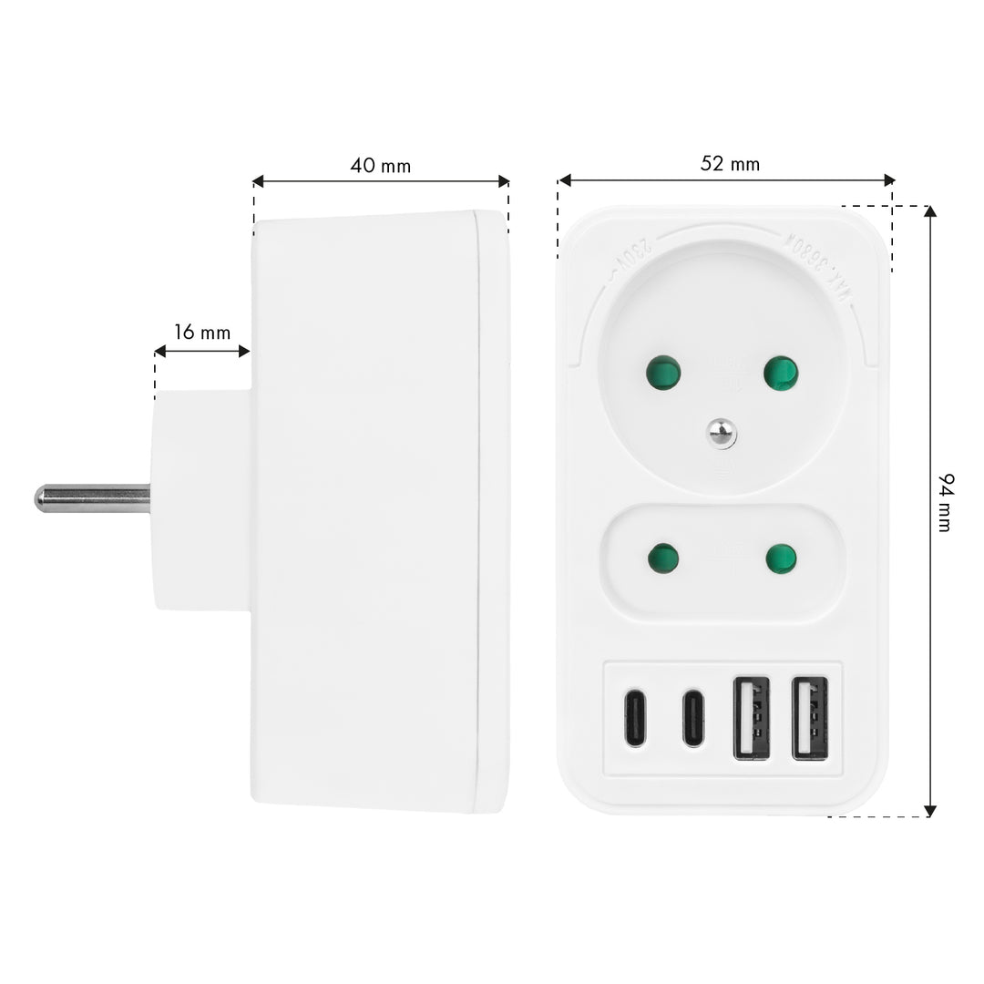 Maclean áram aljzat x2 + 4xUSB, elosztó 2 aljzattal, 2xUSB A, 2xUSB C PD 20W, 1x16A + 1x6A, MCE249 F/W, 3 db.