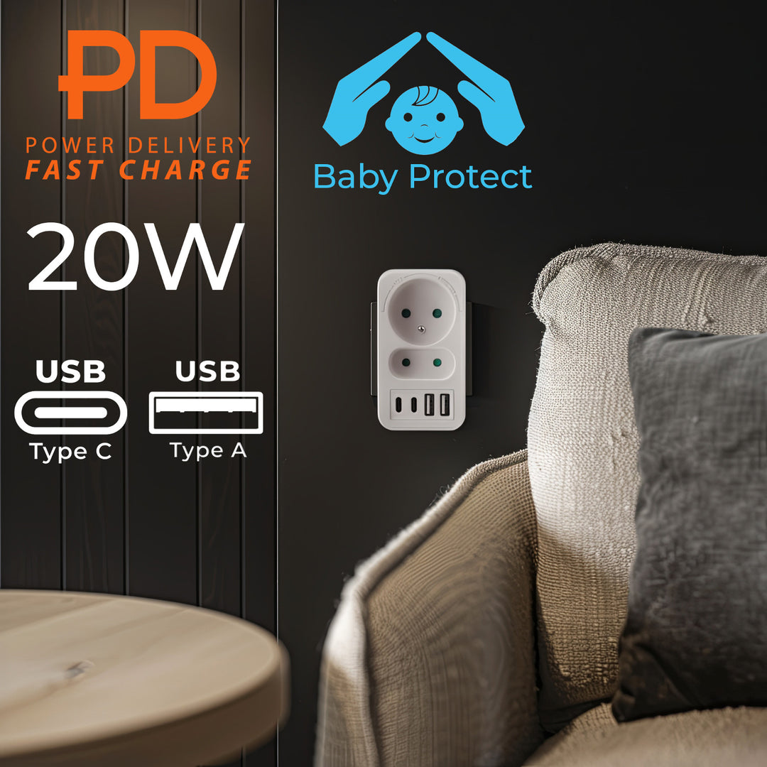 Maclean áram aljzat x2 + 4xUSB, elosztó 2 aljzattal, 2xUSB A, 2xUSB C PD 20W, 1x16A + 1x6A, MCE249 F/W, 3 db.