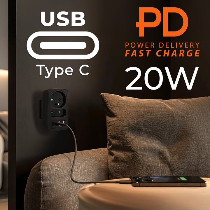 Maclean áram aljzat x2 + 4xUSB, elosztó 2 aljzattal, 2xUSB A, 2xUSB C PD 20W, 1x16A + 1x6A, MCE249 F/B, 3 db.