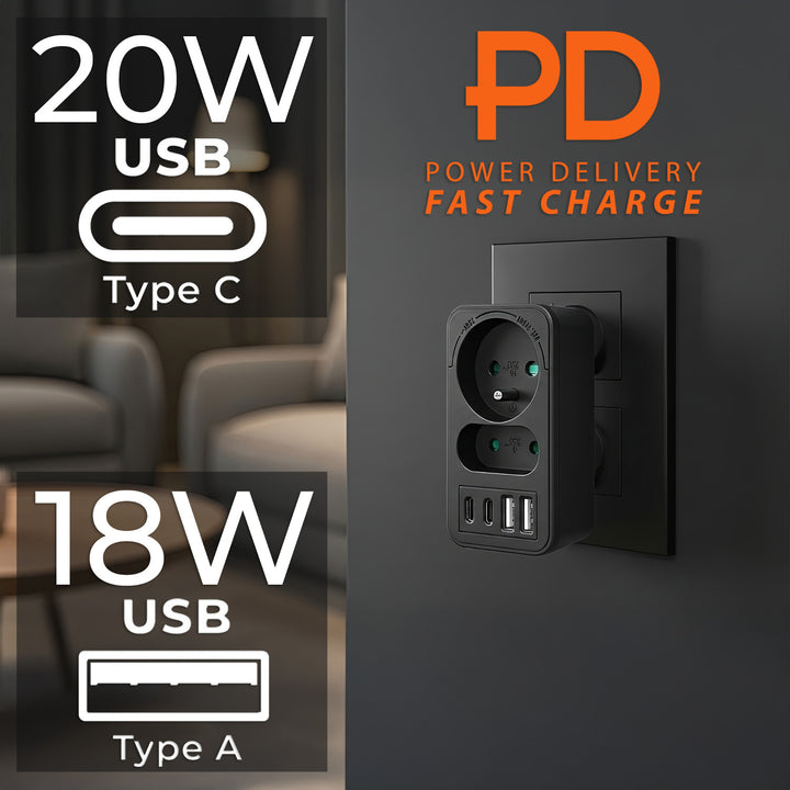 Maclean áram aljzat x2 + 4xUSB, elosztó 2 aljzattal, 2xUSB A, 2xUSB C PD 20W, 1x16A + 1x6A, MCE249 F/B, 3 db.