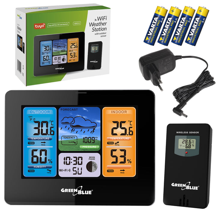 GreenBlue WiFi időjárás-állomás, TUYA-kompatibilis, kültéri érzékelő, naptár, időjárás-előrejelzés, barométer, hálózati adapter, elemek, GB215