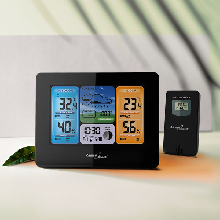 GreenBlue vezeték nélküli időjárásállomás, színes, DCF, holdfázisok, hálózati adapter, elemek, GB526