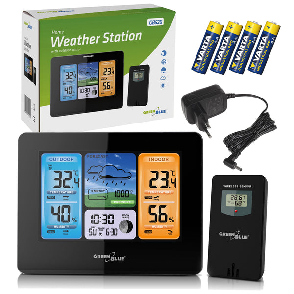 GreenBlue vezeték nélküli időjárásállomás, színes, DCF, holdfázisok, hálózati adapter, elemek, GB526