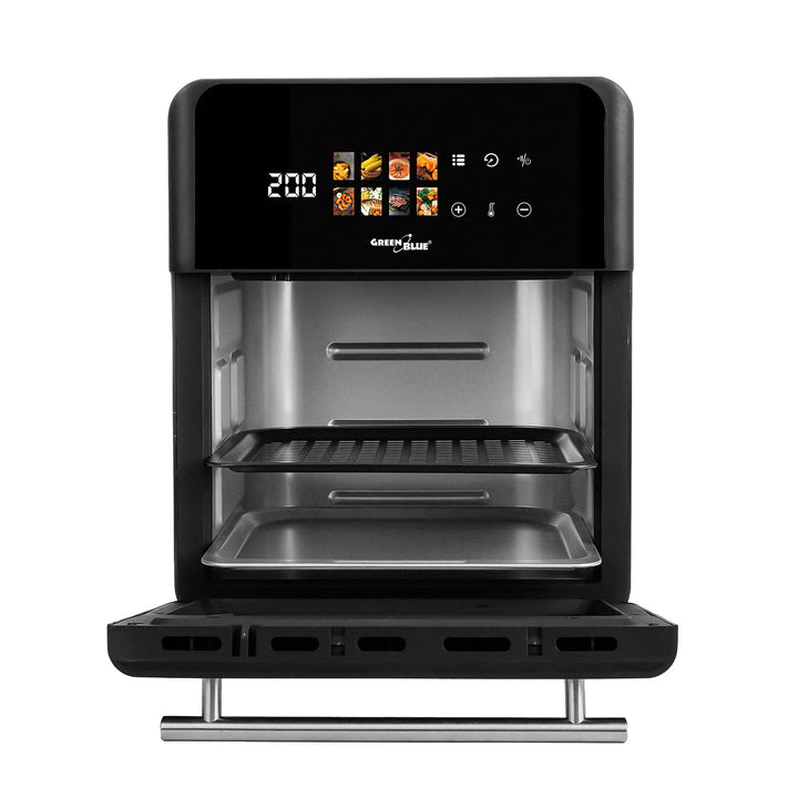 GreenBlue AIR FRYER olajmentes sütő, 1800 W teljesítmény, 10 l űrtartalom, 8 program, tartozékok, időzítő, GB950