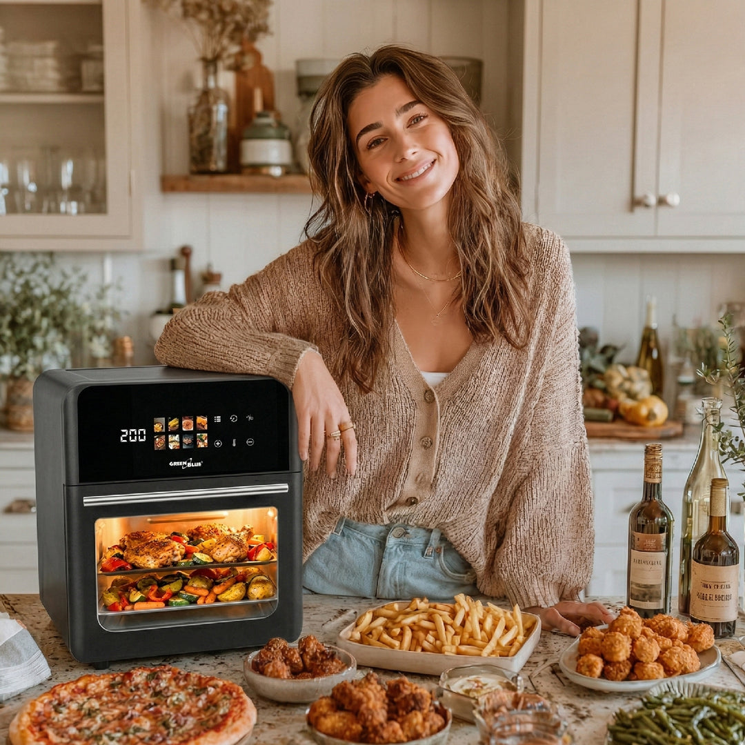 GreenBlue AIR FRYER olajmentes sütő, 1800 W teljesítmény, 10 l űrtartalom, 8 program, tartozékok, időzítő, GB950