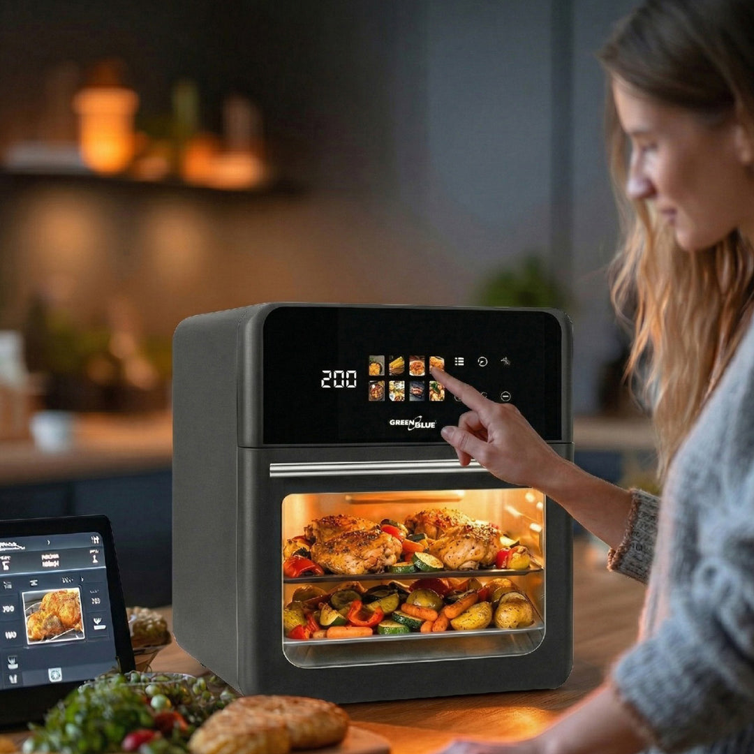 GreenBlue AIR FRYER olajmentes sütő, 1800 W teljesítmény, 10 l űrtartalom, 8 program, tartozékok, időzítő, GB950