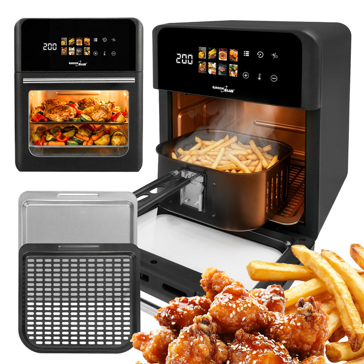 GreenBlue AIR FRYER olajmentes sütő, 1800 W teljesítmény, 10 l űrtartalom, 8 program, tartozékok, időzítő, GB950