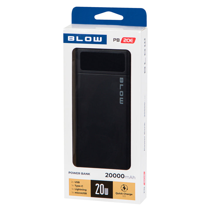 20 000 mAh-s PB20E Powerbank, QC+PD 20 W + Lightning, fekete, Blow