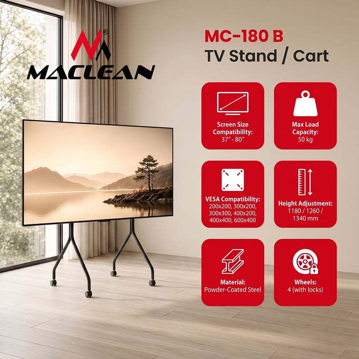 Maclean TV-állvány / kerekes TV-kocsi, 37–80", max. terhelés 50 kg, max. VESA 600x400, fekete, MC-180 B