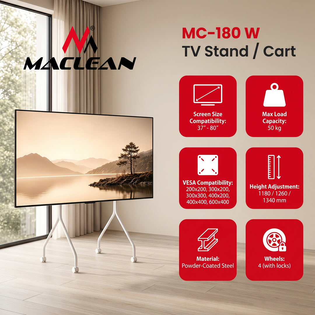 Maclean TV-állvány / -kocsi, kerekekkel, 37–80", max. terhelhetőség 50 kg, max. VESA 600x400, fehér, MC-180 W