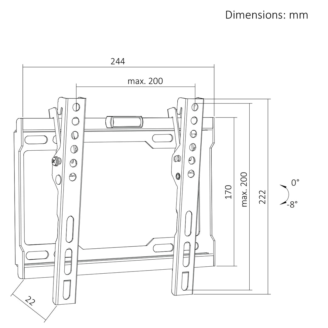 Maclean TV-tartó / akasztó, max. VESA 200x200, 13–43", 45 kg-ig, fekete, dőlésszög-beállítás 0°–-8°, MC-186