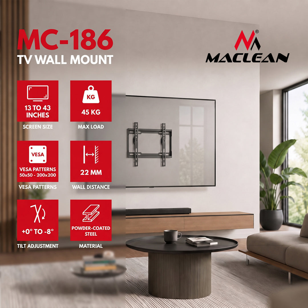 Maclean TV-tartó / akasztó, max. VESA 200x200, 13–43", 45 kg-ig, fekete, dőlésszög-beállítás 0°–-8°, MC-186