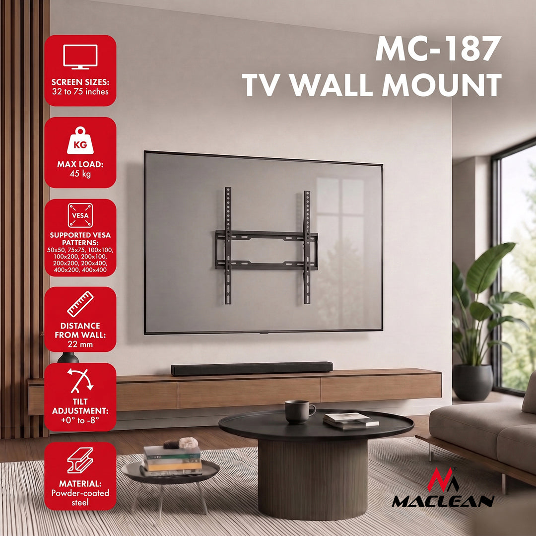 Maclean TV-tartó / akasztó, max. VESA 400x400, 32–75", 45 kg-ig, fekete, dőlésszög-beállítás 0°–-8°, MC-187