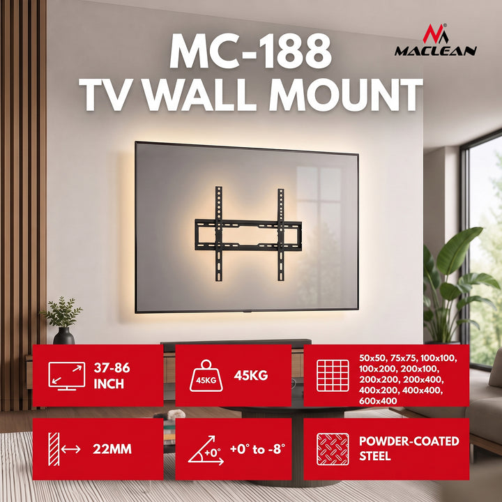 Maclean TV-tartó / akasztó, max. VESA 600x400, 37–86", 45 kg-ig, fekete, dőlésszög-beállítás: 0°–-8°, MC-188