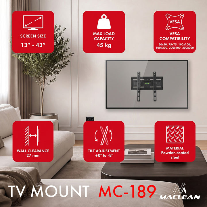 Maclean TV-tartó / akasztó, max. VESA 200x200, 13–43", 45 kg-ig, fekete, dőlésszög-állítás +2°–-10°, MC-189