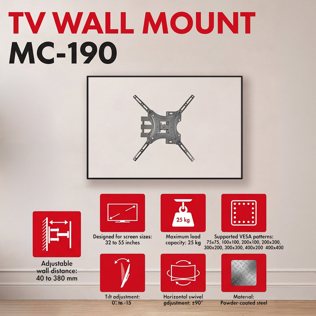 Maclean TV-tartó / akasztó, max. VESA 400x400, 32–55", 25 kg-ig, fekete, dőlésszög-beállítás: 0°–-15°, forgás: +90°–-90°, MC-190