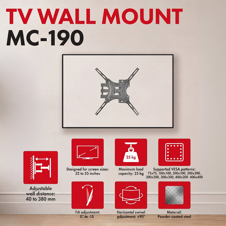 Maclean TV-tartó / akasztó, max. VESA 400x400, 32–55", 25 kg-ig, fekete, dőlésszög-beállítás: 0°–-15°, forgás: +90°–-90°, MC-190