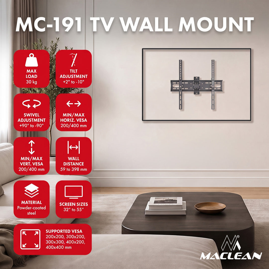 Maclean TV-tartó / akasztó, max. VESA 400x400, 32–55", 30 kg-ig, fekete, dőlésszög-beállítás +2°–-10° és forgás +90°–-90°, MC-191