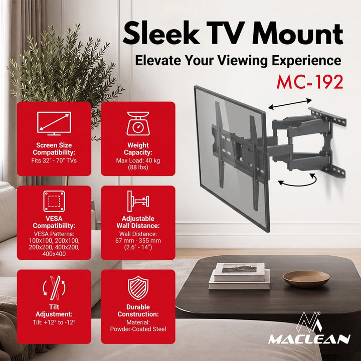 Maclean TV-tartó / akasztó, max. VESA 400x400, 32–70", 40 kg-ig, fekete, dőlésszög-beállítás +12°–-12° és forgás +60°–-60°, MC-192