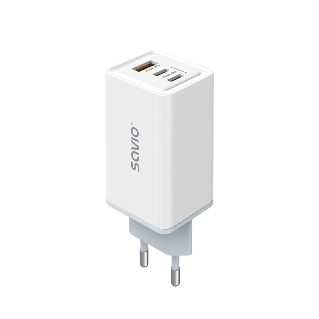 Savio hálózati töltő, 1x USB-A, 2x USB-C, GaN, 65W, fehér, SAVLA-07