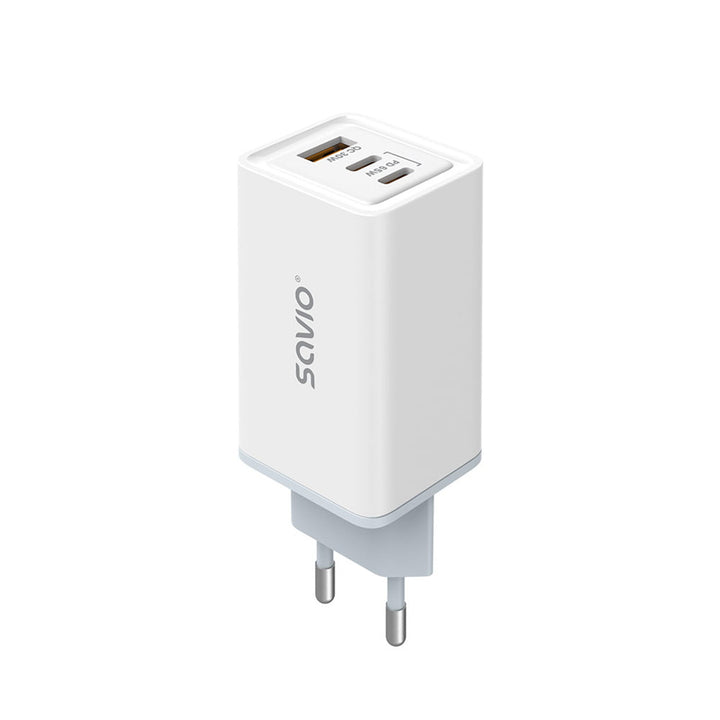 Savio hálózati töltő, 1x USB-A, 2x USB-C, GaN, 65W, fehér, SAVLA-07