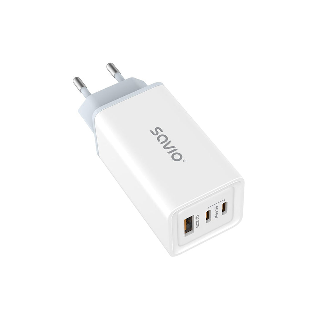 Savio hálózati töltő, 1x USB-A, 2x USB-C, GaN, 65W, fehér, SAVLA-07