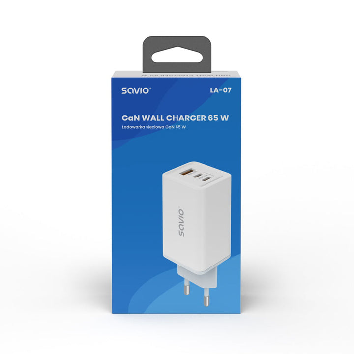 Savio hálózati töltő, 1x USB-A, 2x USB-C, GaN, 65W, fehér, SAVLA-07