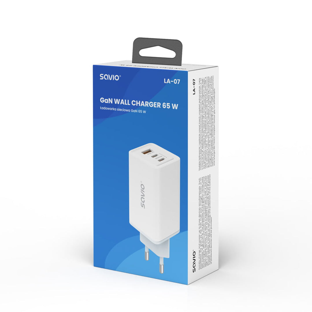 Savio hálózati töltő, 1x USB-A, 2x USB-C, GaN, 65W, fehér, SAVLA-07