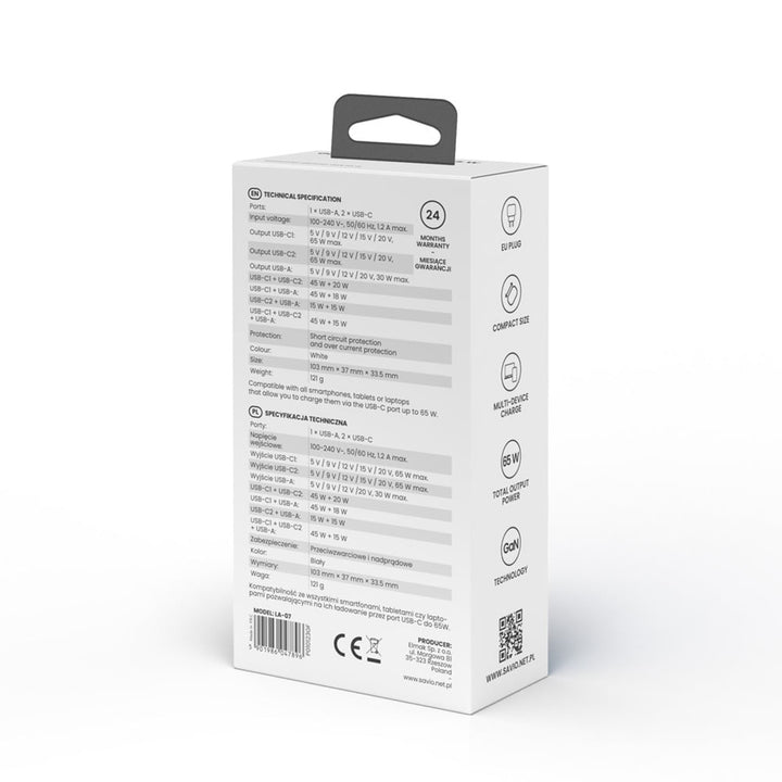 Savio hálózati töltő, 1x USB-A, 2x USB-C, GaN, 65W, fehér, SAVLA-07