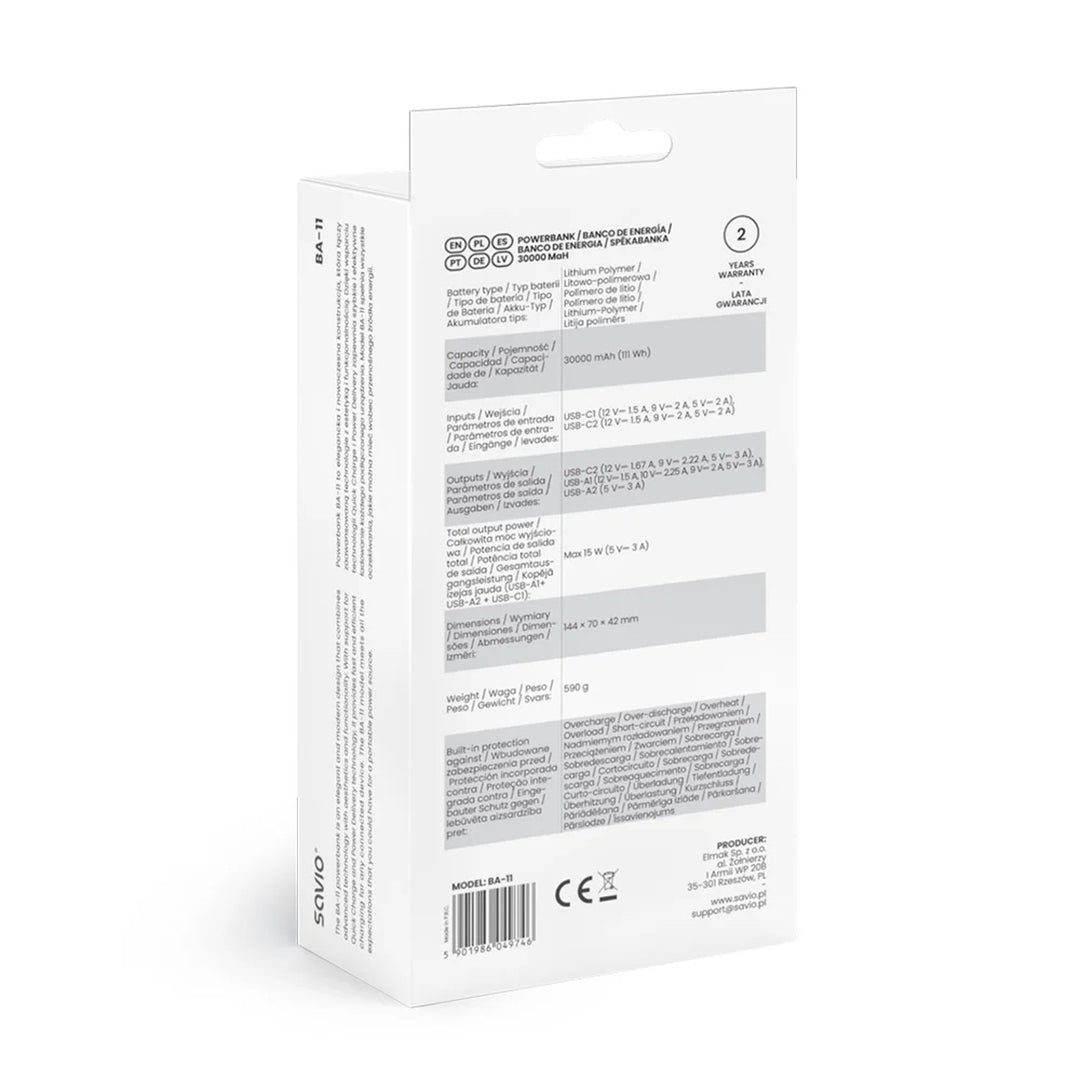 Powerbank SAVIO, 2 portos USB, 1 portos USB-C, gyorstöltés, Power Delivery, SAVBA-11