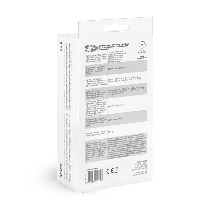 Powerbank SAVIO, 2 portos USB, 1 portos USB-C, gyorstöltés, Power Delivery, SAVBA-11