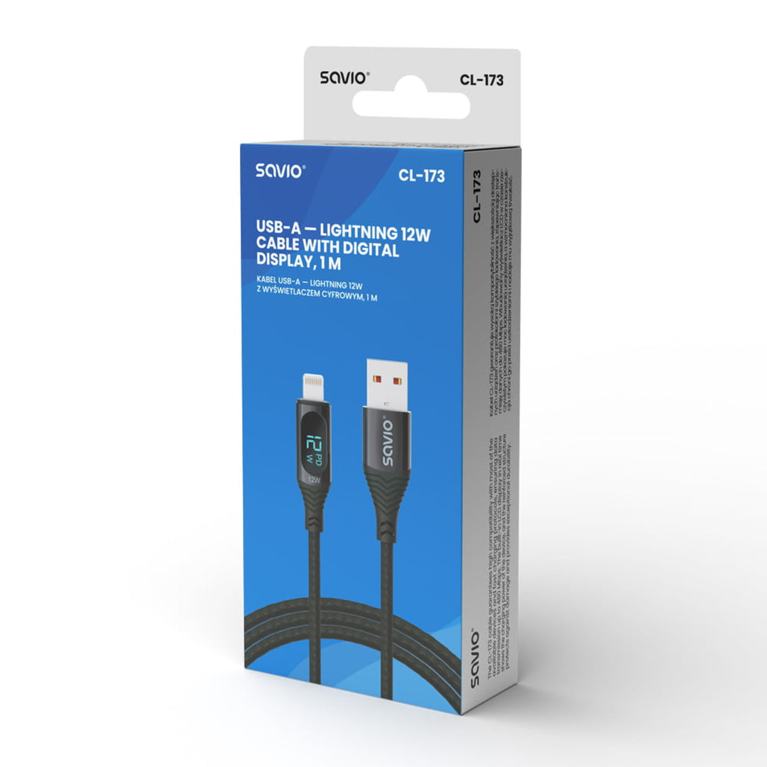 USB Lightning Savio kábel, digitális kijelző, 1m hosszú, SAVKABELCL-173