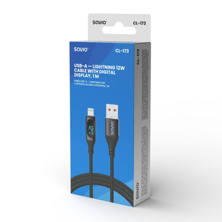 USB Lightning Savio kábel, digitális kijelző, 1m hosszú, SAVKABELCL-173
