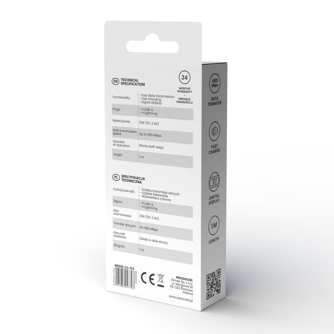 USB Lightning Savio kábel, digitális kijelző, 1m hosszú, SAVKABELCL-173