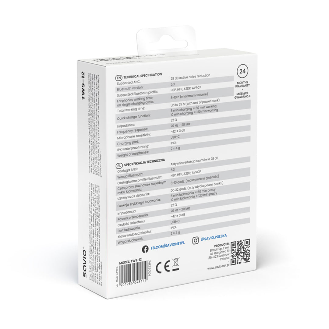 Savio vezeték nélküli fejhallgató, Bluetooth 5.3, ANC, USB-C, fekete színű