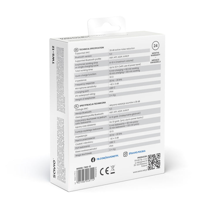 Savio vezeték nélküli fejhallgató, Bluetooth 5.3, ANC, USB-C, fekete színű