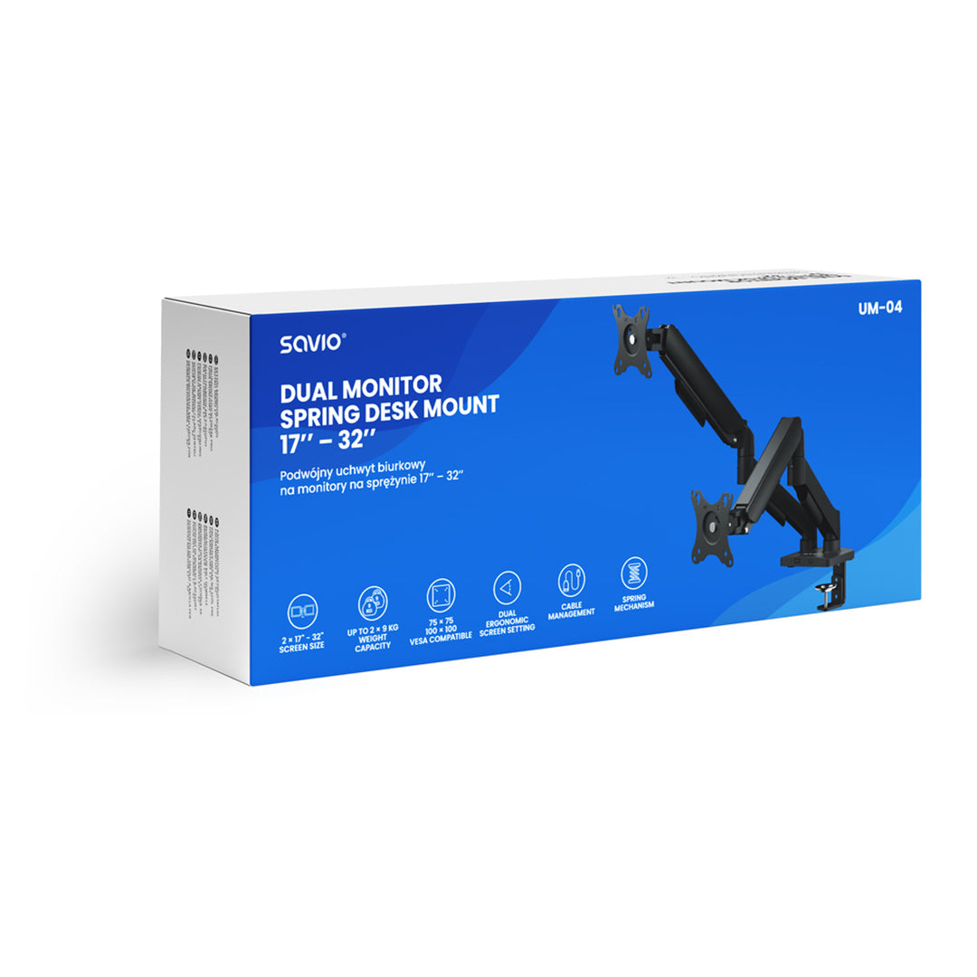 Savio dupla monitoros asztali tartó, 17-32'', 9kg terhelés monitoronként, VESA, rugós mechanizmus, fekete, SAVUM-04