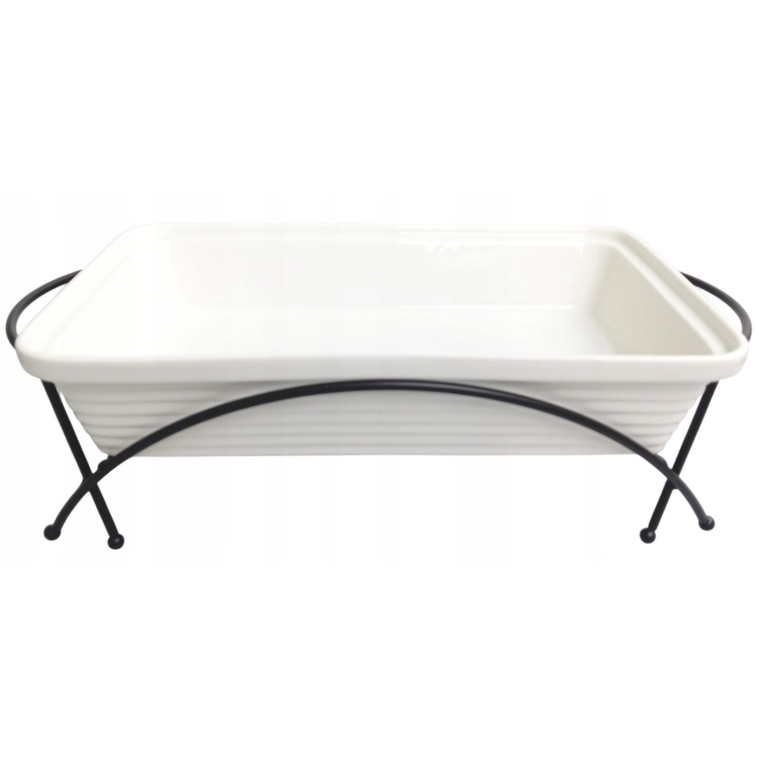 Kerámia ételmelegítő Maestro, téglalap alakú, fehér, 2,4 literes, sütőben is használható, fogantyús állvány és fedél tartozék, MR-11562-73