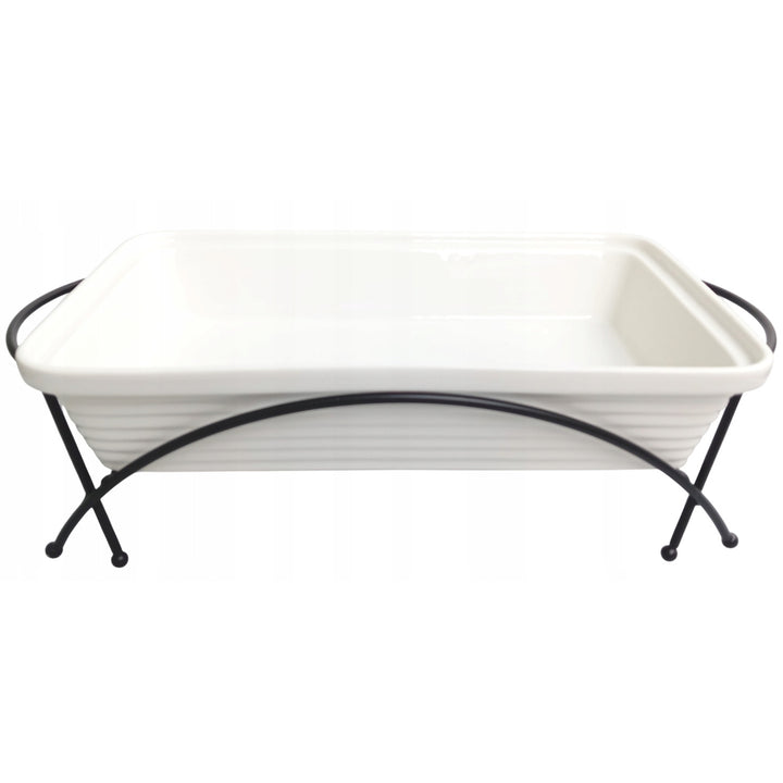 Kerámia ételmelegítő Maestro, téglalap alakú, fehér, 2,4 literes, sütőben is használható, fogantyús állvány és fedél tartozék, MR-11562-73