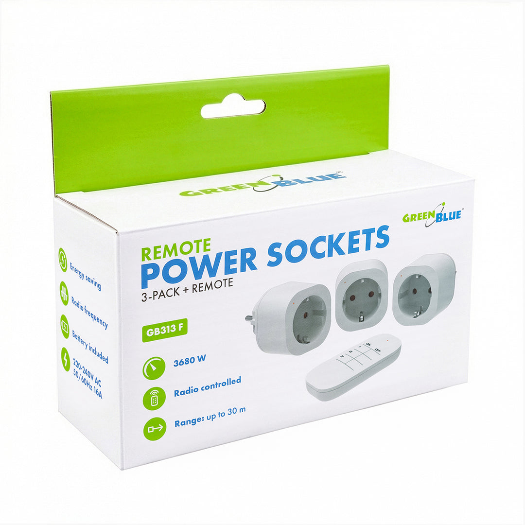GreenBlue távirányítású konnektorok, 3 db, programozható, hatótávolság 30 m-ig, 220–240 V AC, 50/60 Hz, 16 A, 433 MHz, GB313 F