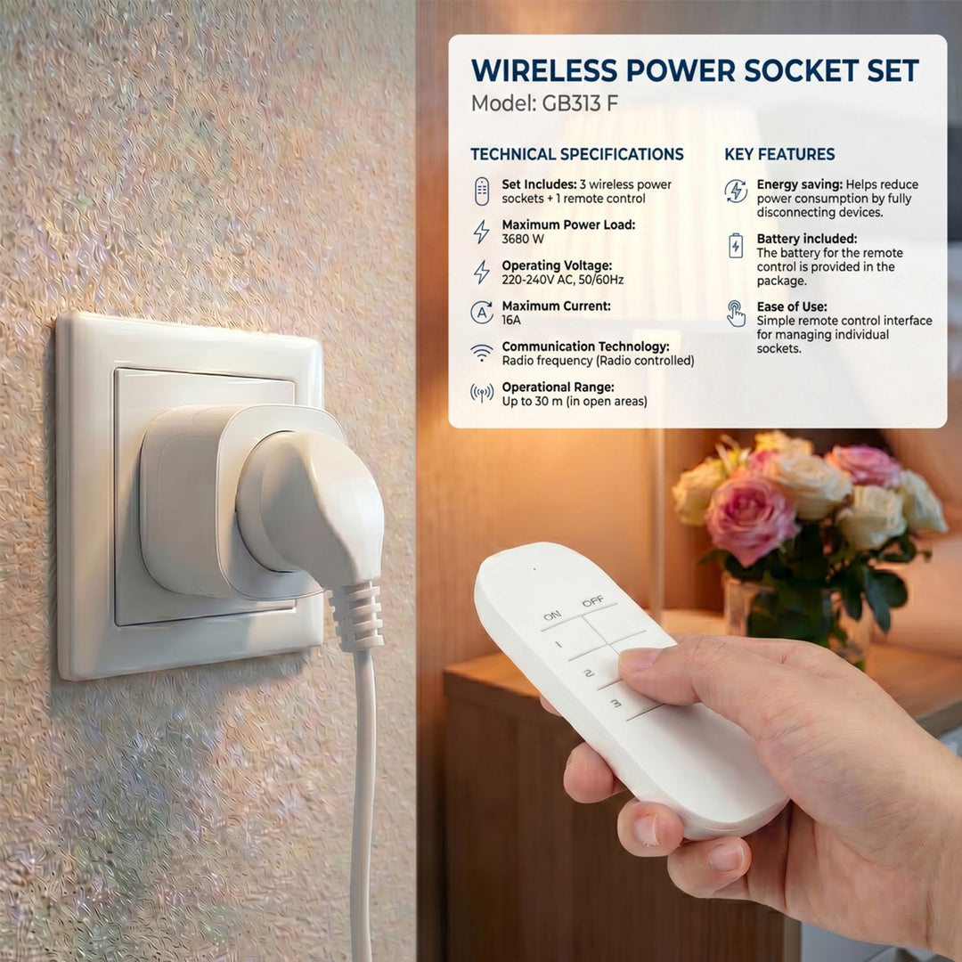 GreenBlue távirányítású konnektorok, 3 db, programozható, hatótávolság 30 m-ig, 220–240 V AC, 50/60 Hz, 16 A, 433 MHz, GB313 F