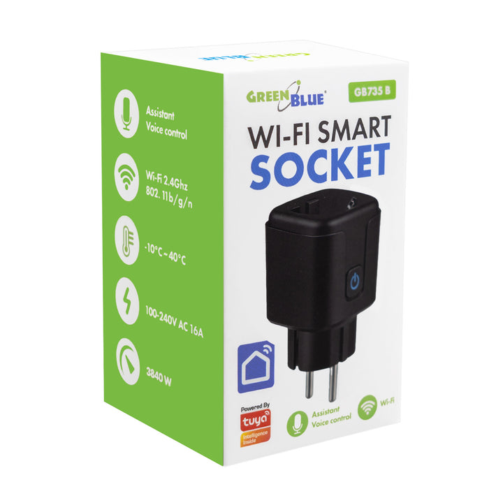 GreenBlue távirányítású WiFi-csatlakozó, Android/iOS/Alexa/Google Home, időzítő, fogyasztásmérő, max. 16 A/3840 W, GB735 B