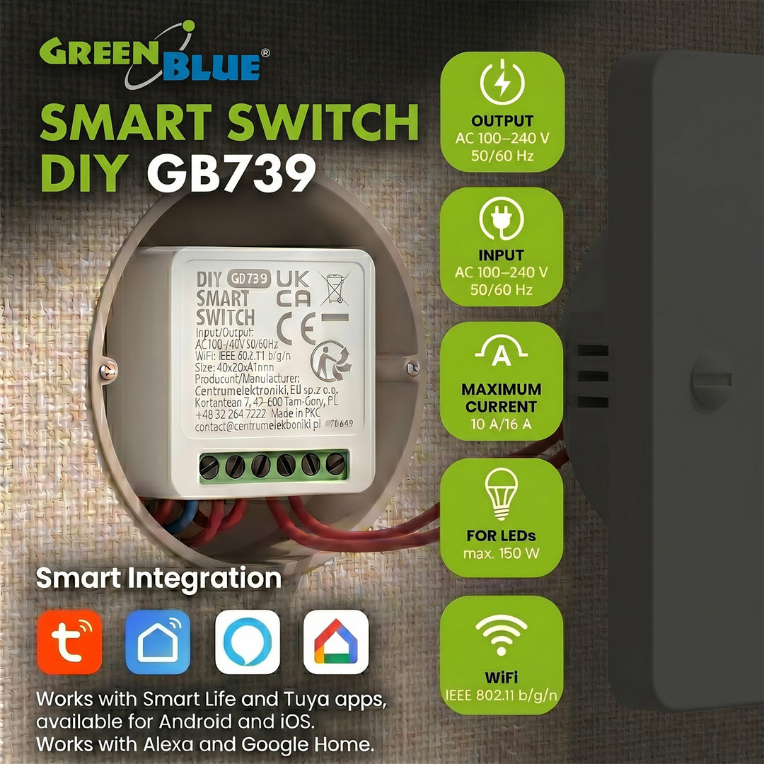 GreenBlue beépíthető WiFi-relé, Android/iOS/Alexa/Google Home, 100–240 V AC, 50/60 Hz, max. 16 A, 150 W-os LED-ekhez, GB739