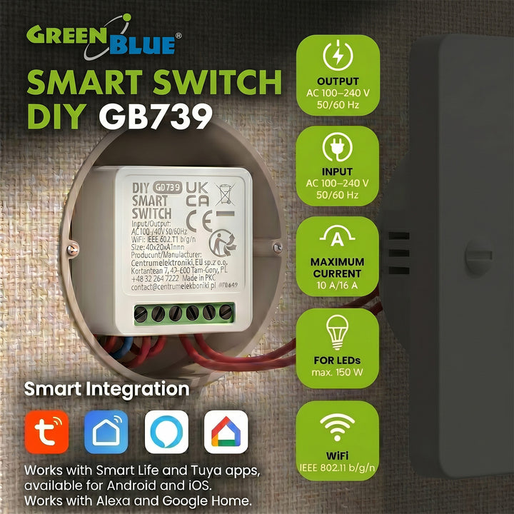 GreenBlue beépíthető WiFi-relé, Android/iOS/Alexa/Google Home, 100–240 V AC, 50/60 Hz, max. 16 A, 150 W-os LED-ekhez, GB739