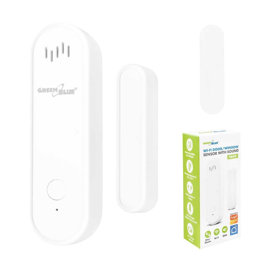 GreenBlue vezeték nélküli reed-érzékelő / WiFi nyitásérzékelő, Android/iOS, ajtókhoz / ablakokhoz, 3,0 V DC, LR03x2, riasztóval, GB478